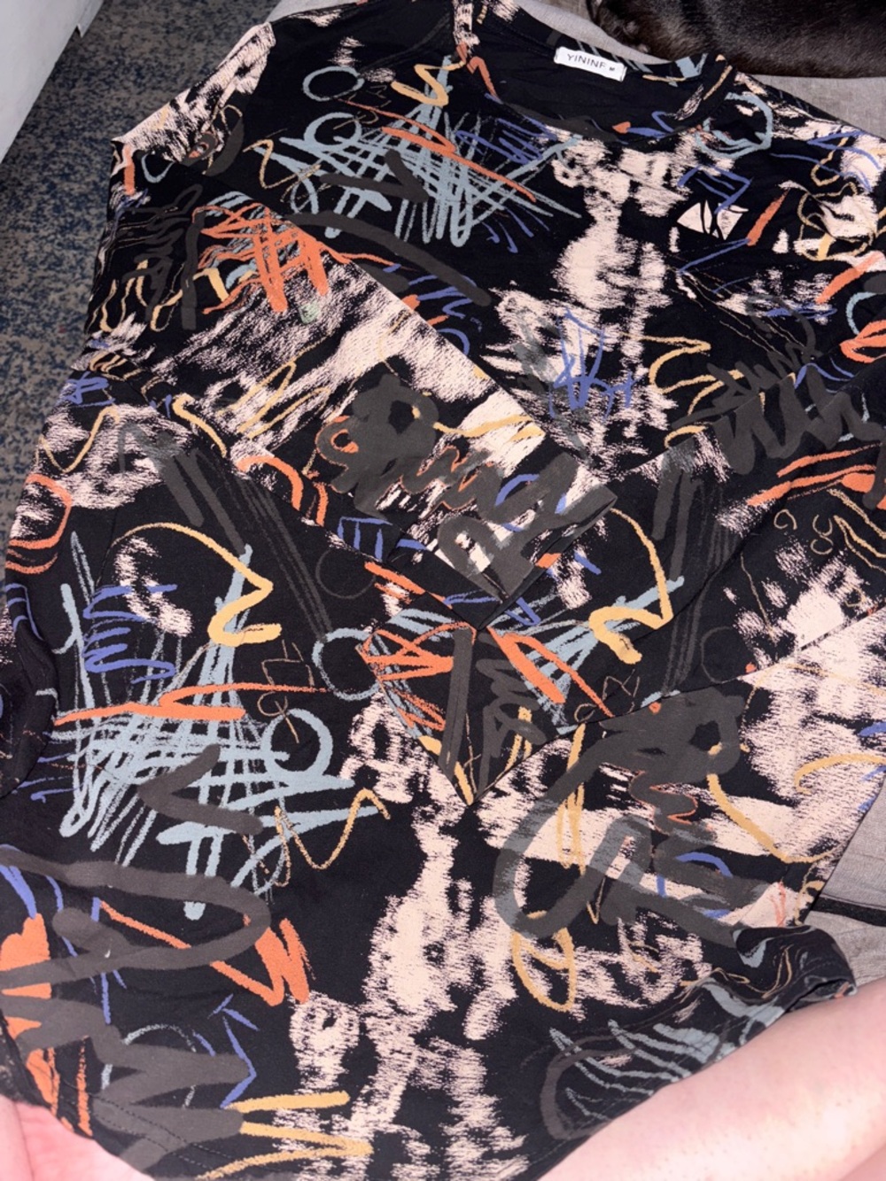 Yinini Black Abstract Scribble Print Top
